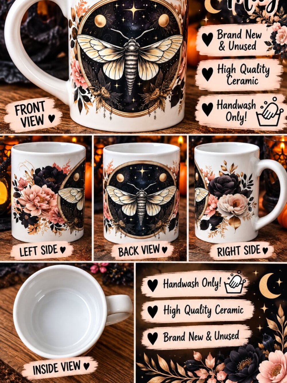 Celestial Moth Floral Ceramic Mug Gothic Moon Stars Black Flowers New
